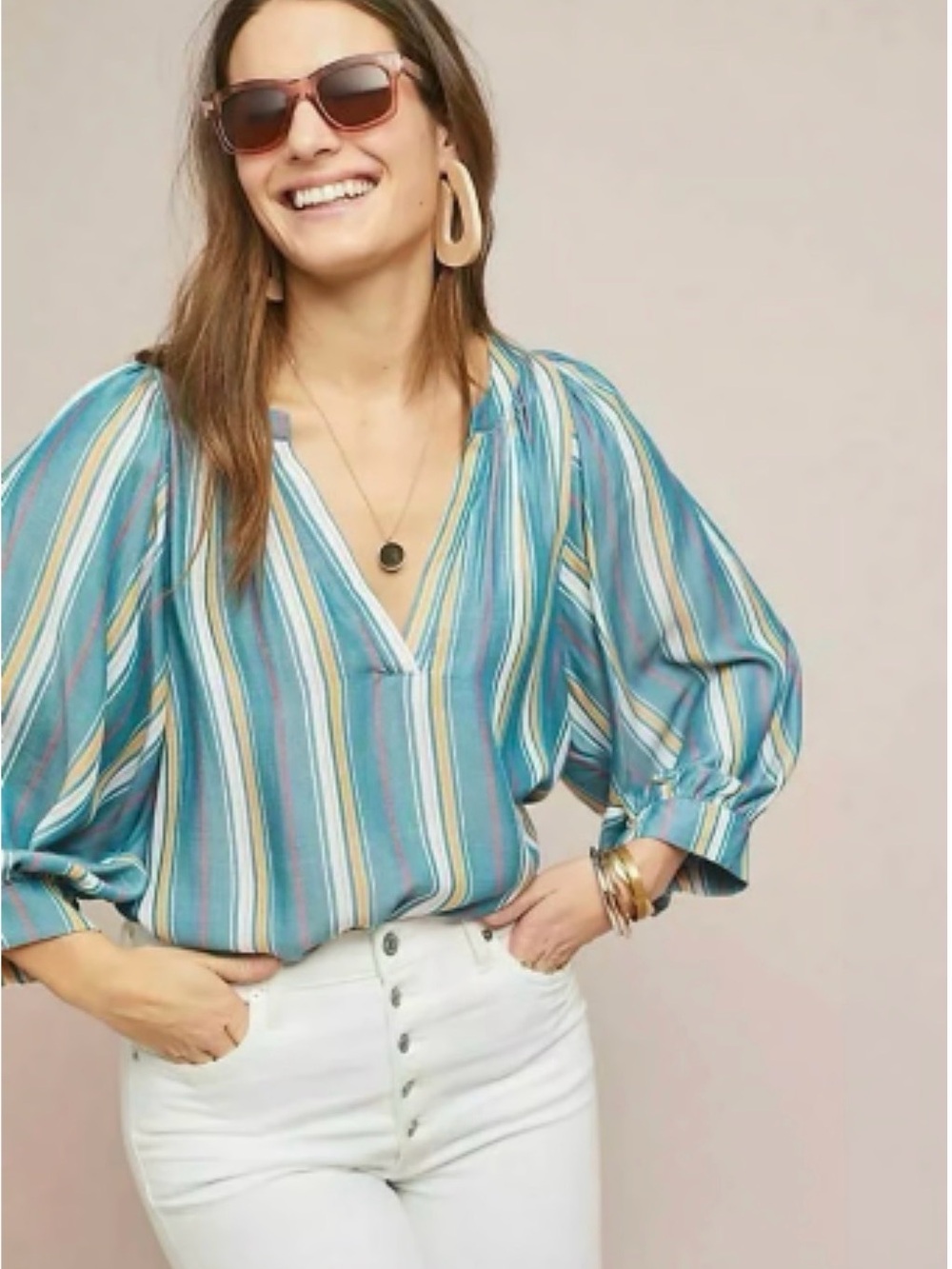 Maeve Anthropologie Byron Striped Balloon Sleeve V-Neck Blouse Teal M
